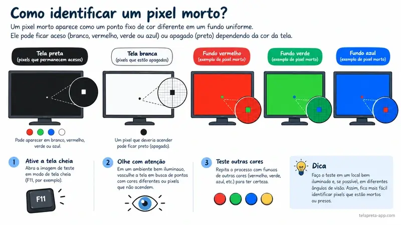 Guia visual para identificar pixels mortos no monitor usando fundo preto
